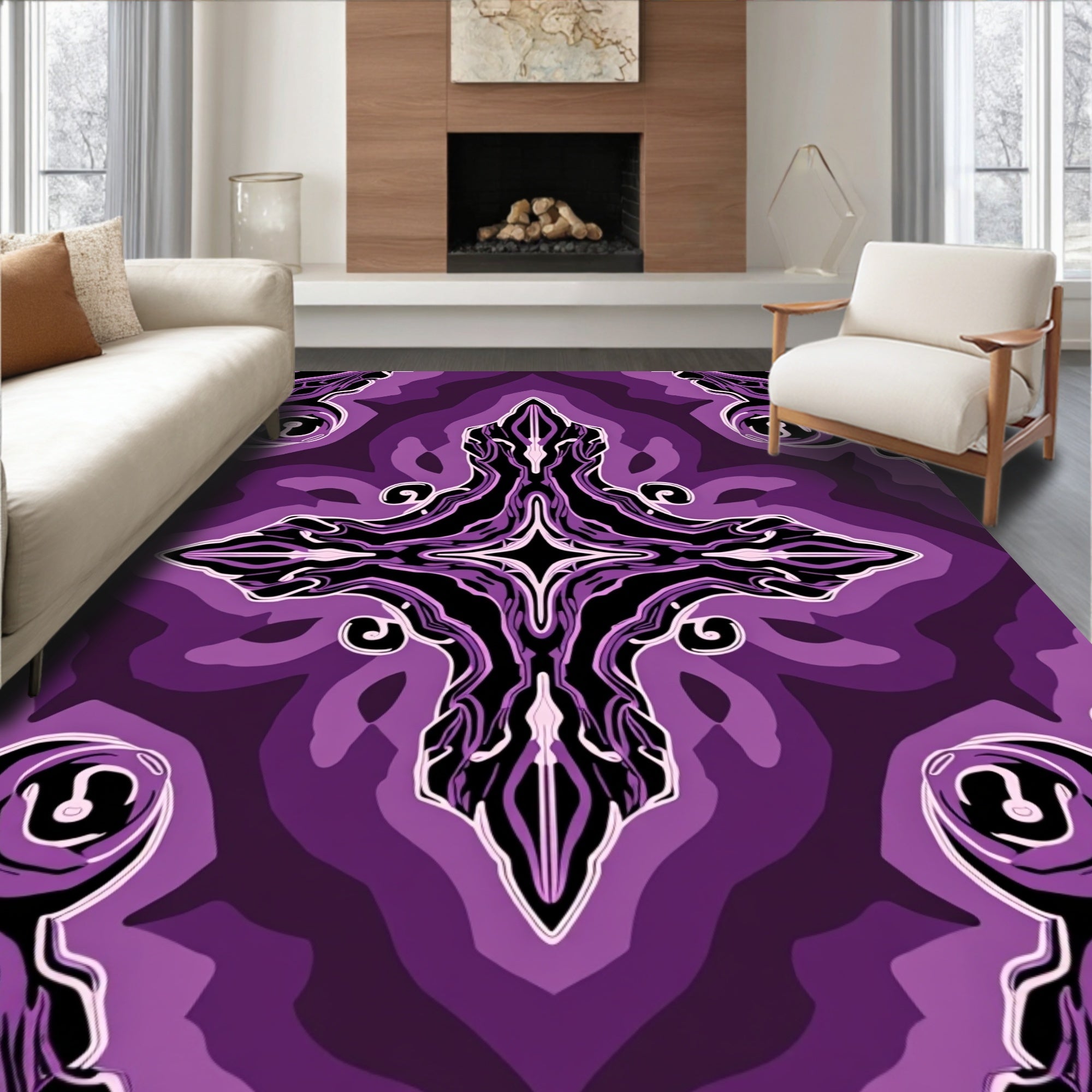 Deep Purple Abstract Floral Mandala Rug