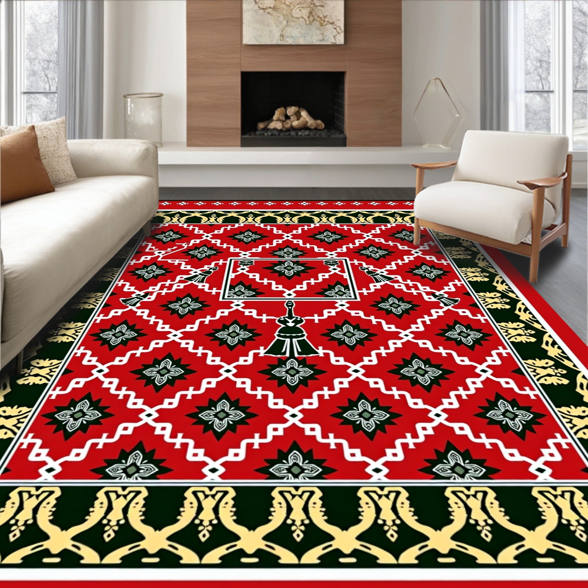 Crimson Geometric Star Tassel Border Rug