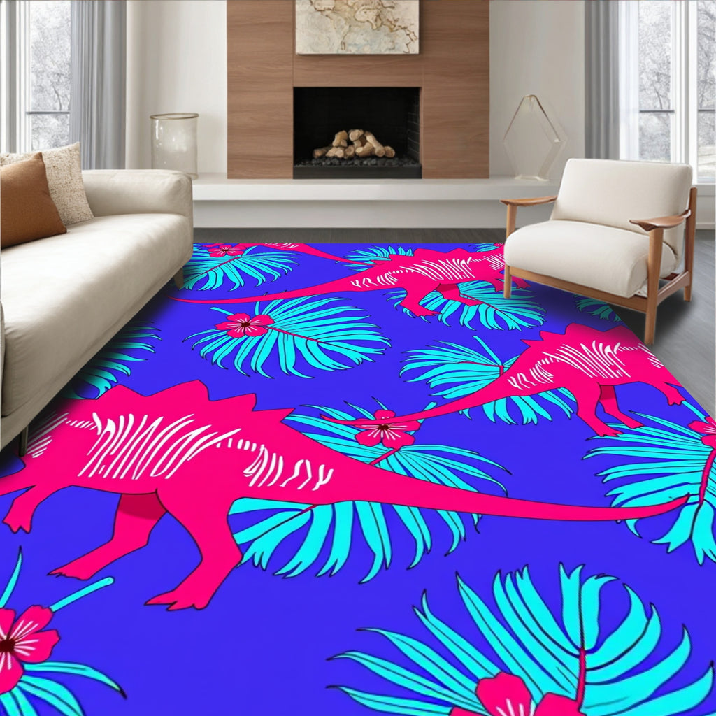 Vivid Pink Dinosaur Tropical Leaf Rug