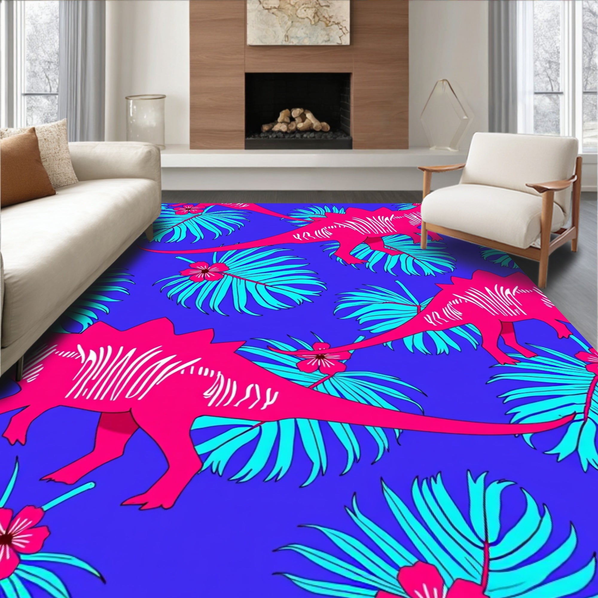 Vivid Pink Dinosaur Tropical Leaf Rug