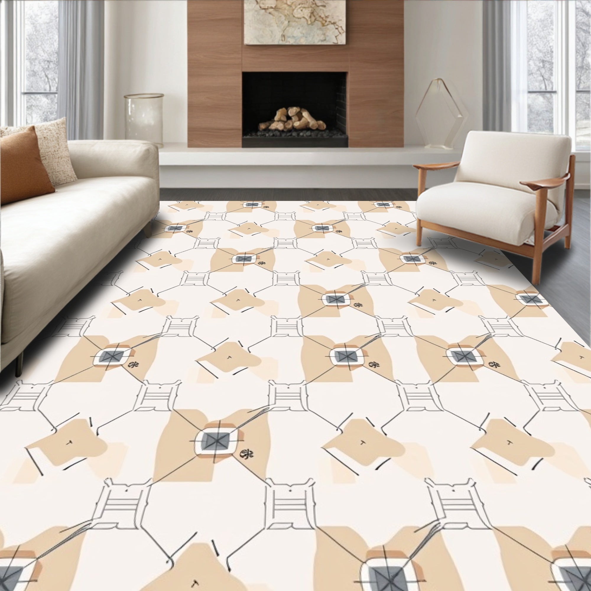Geometric Square Medallion Tan Rug