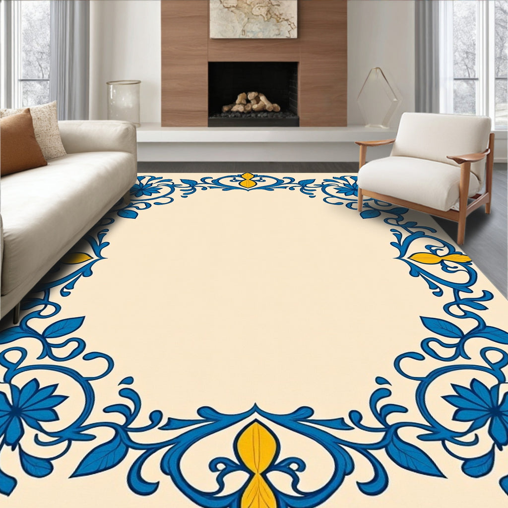 Blue Yellow Floral Leaf Swirl Border Rug