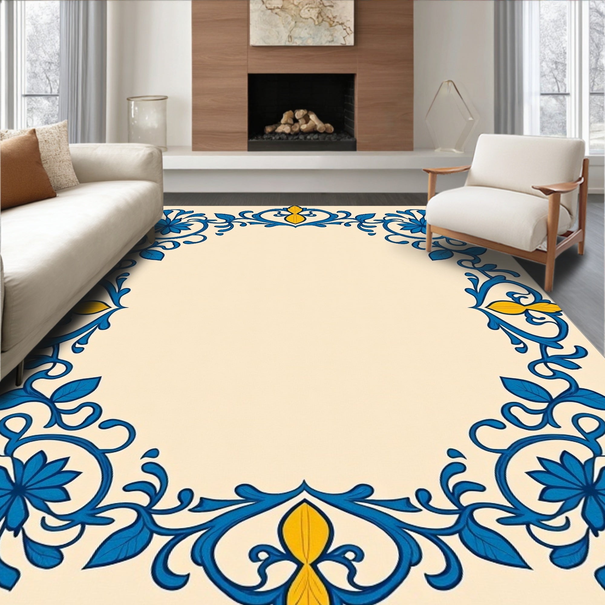 Blue Yellow Floral Leaf Swirl Border Rug