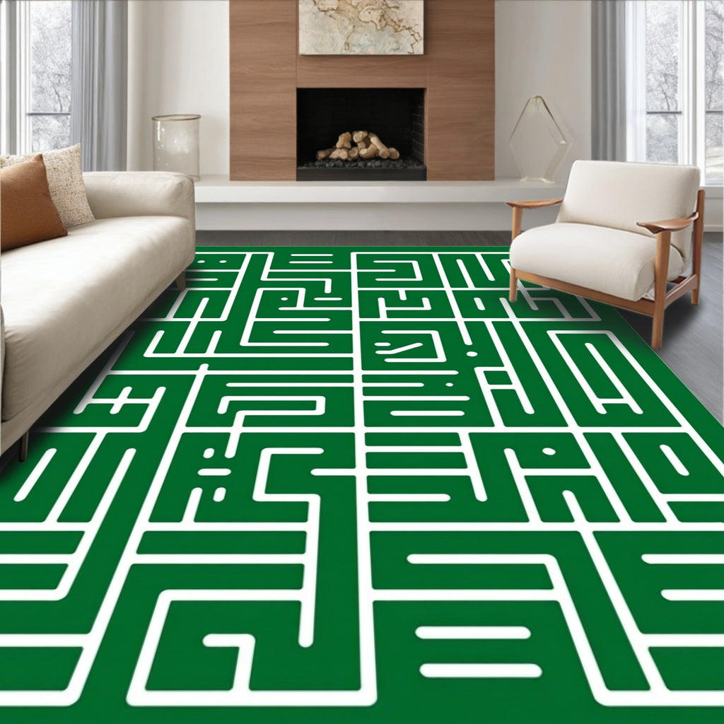 Green and White Geometric Maze Rug