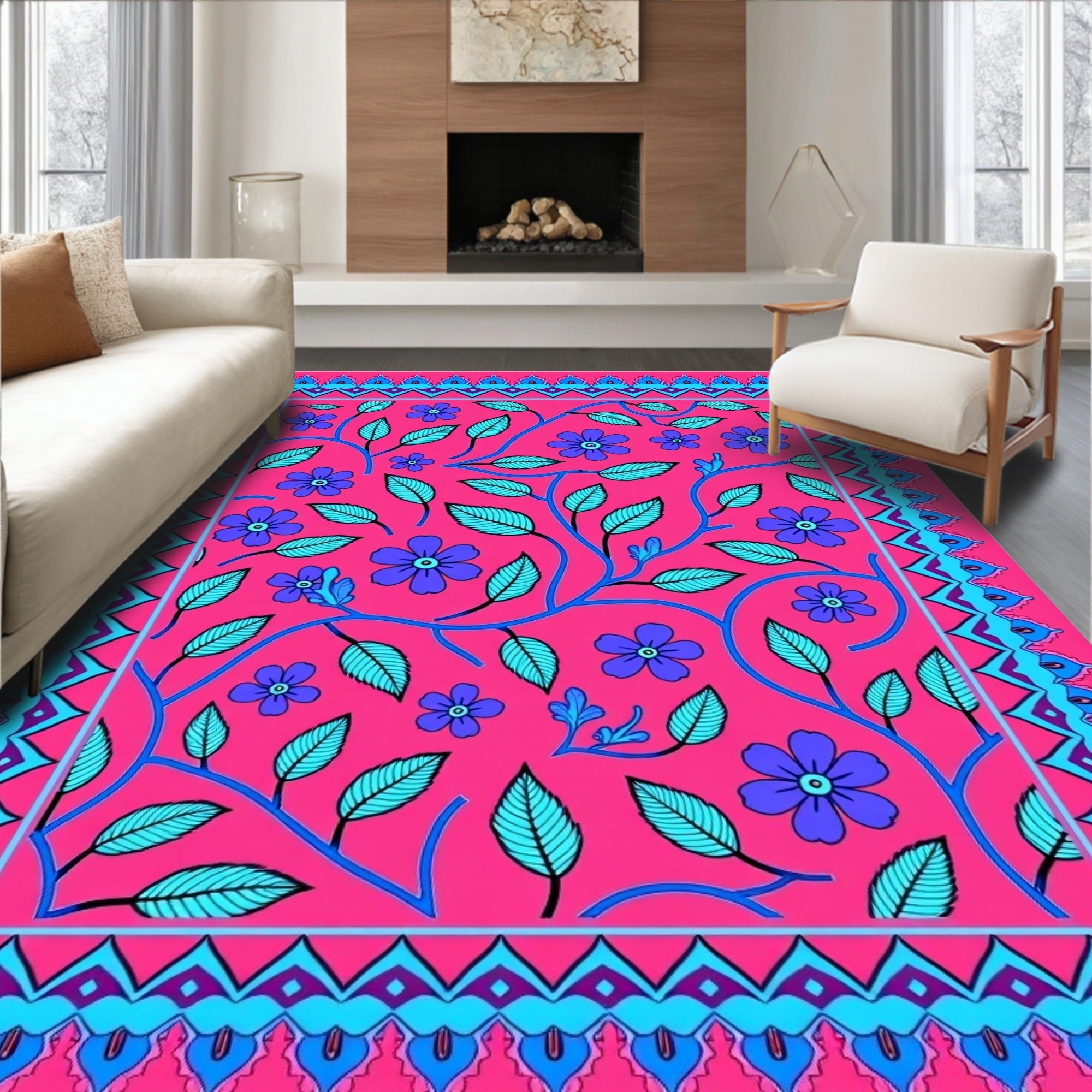 Vibrant Fuchsia Floral Botanical Border Rug