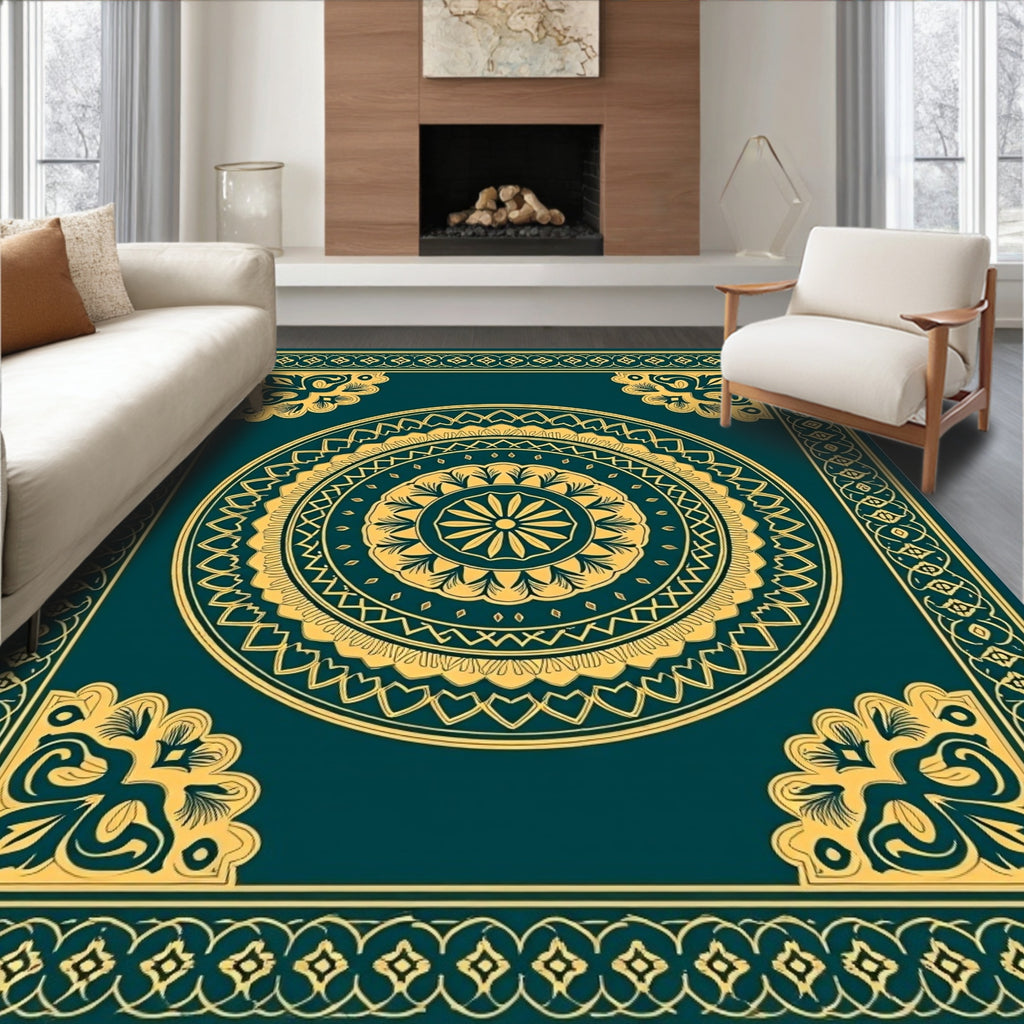 Golden Teal Mandala Ornamental Frame Rug
