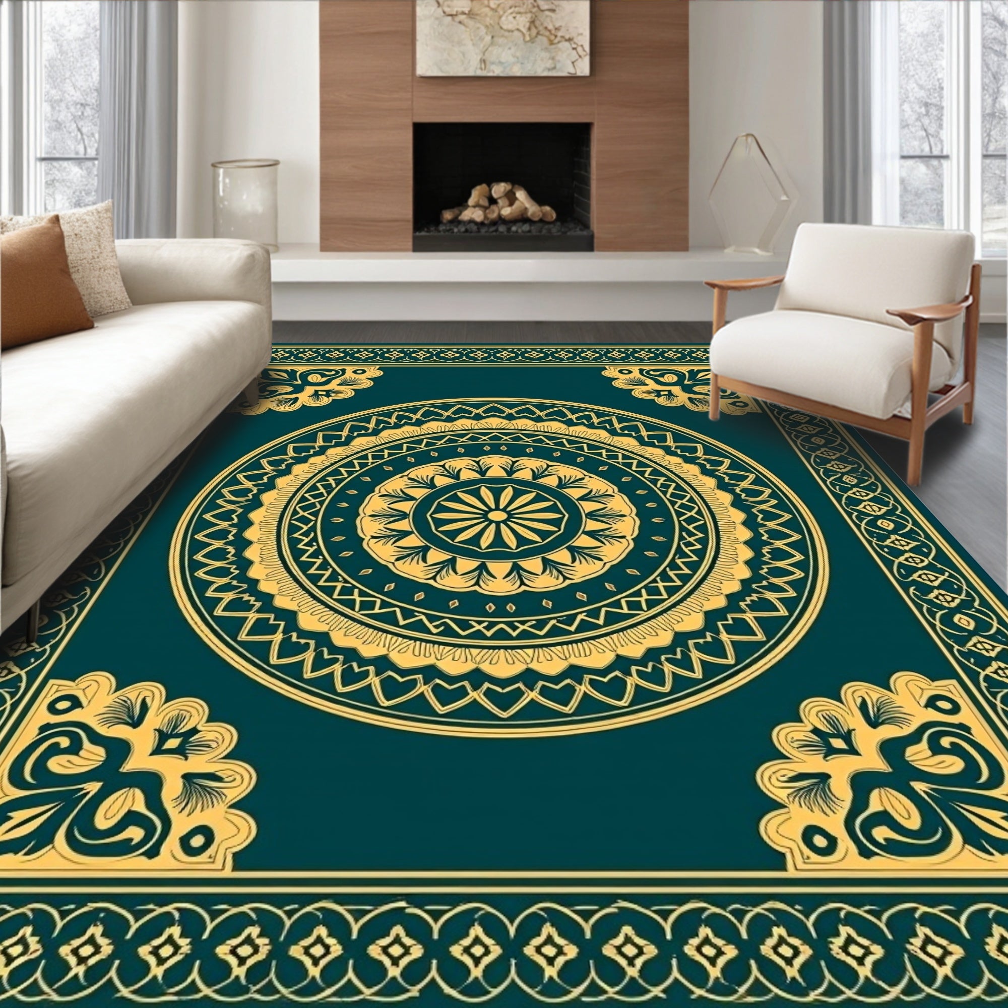 Golden Teal Mandala Ornamental Frame Rug