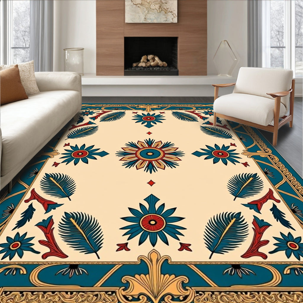 Teal Crimson Floral Sunburst Border Rug