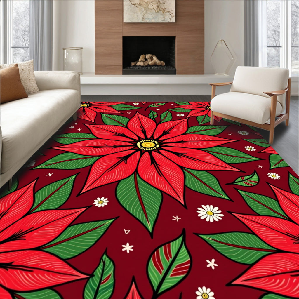 Bold Red Poinsettia Floral Garden Rug