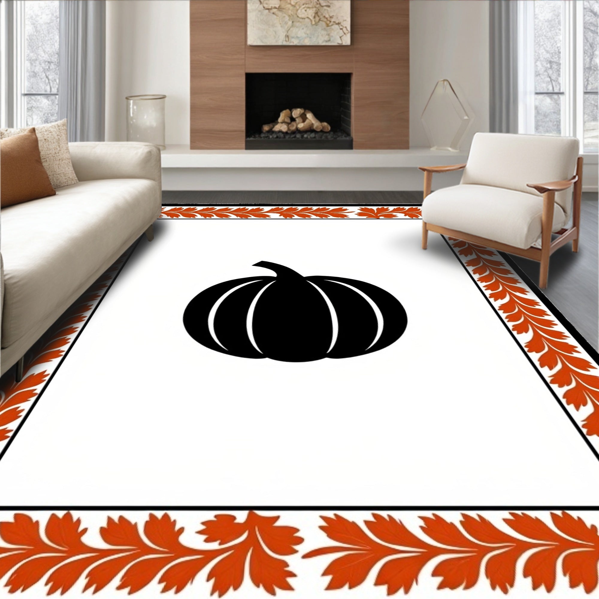 Black Pumpkin Autumn Leaf Border Rug