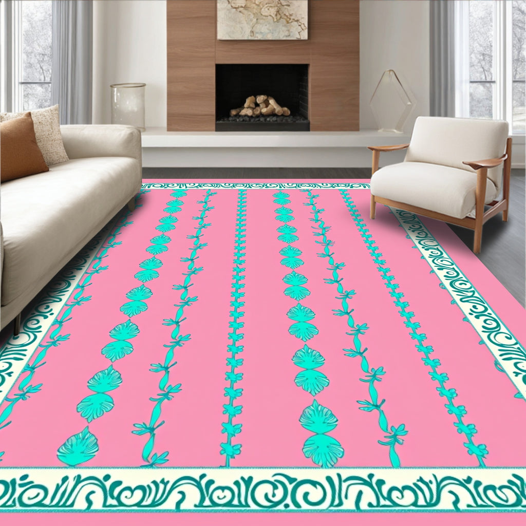 Pink Teal Leaf Vine Border Rug