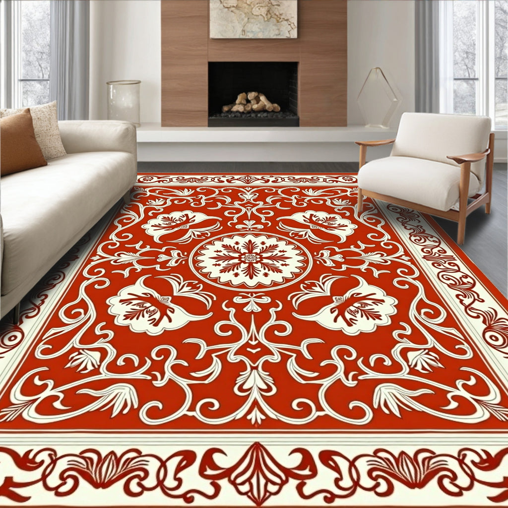 Scarlet Cream Floral Medallion Border Rug