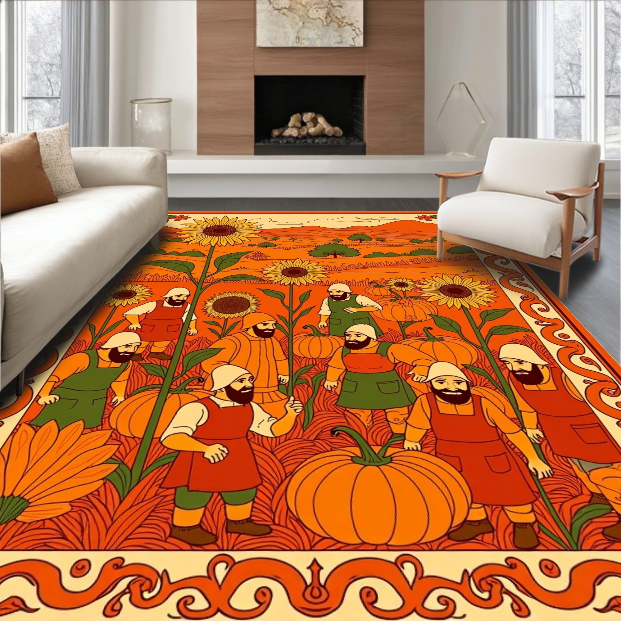 Autumn Harvest Farmers Sunflowers Pumpkins Scene Rug