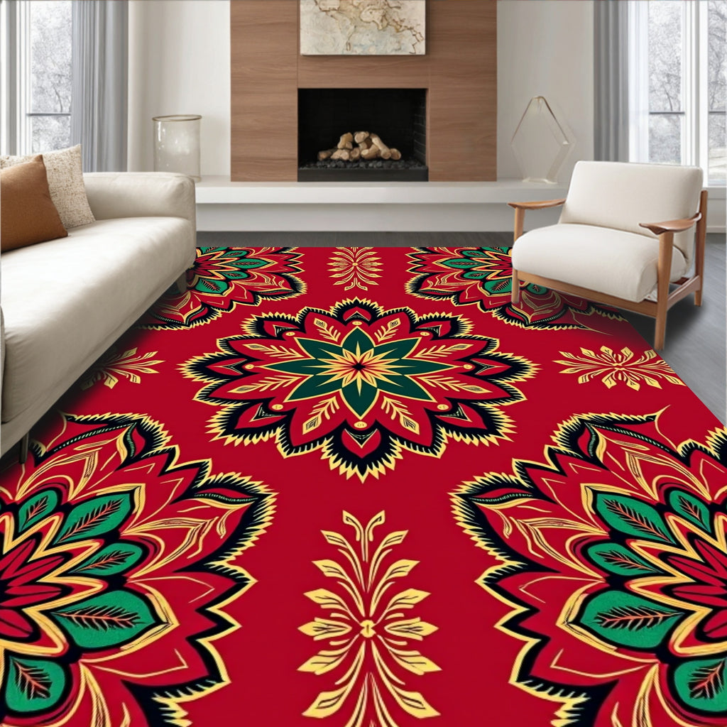 Crimson Emerald Golden Mandala Blooms Rug