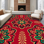 Crimson Emerald Golden Mandala Blooms Rug