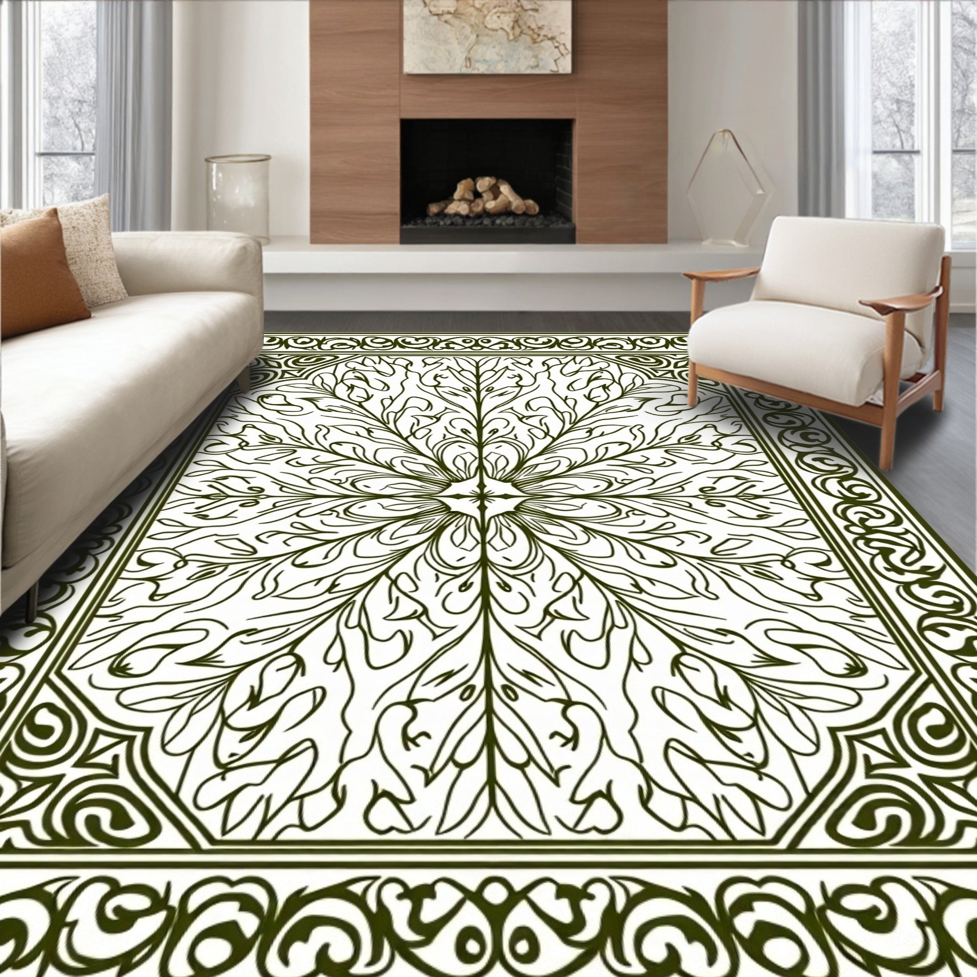 Ornate Green Floral Mandala Rug