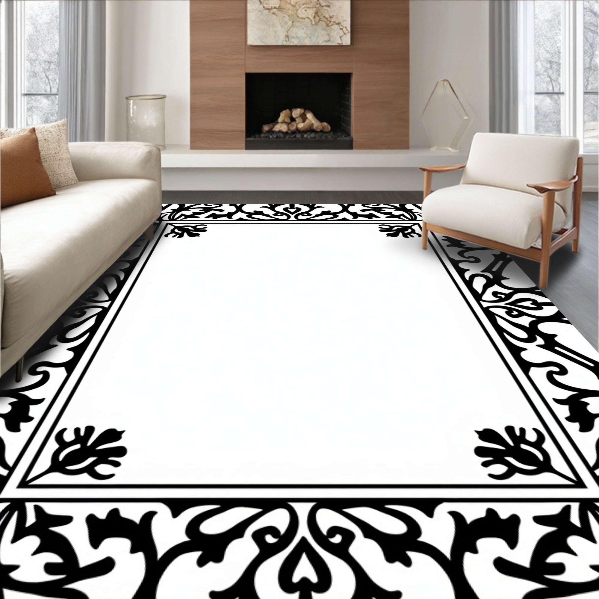 Ornate Black Floral Scroll Border Rug