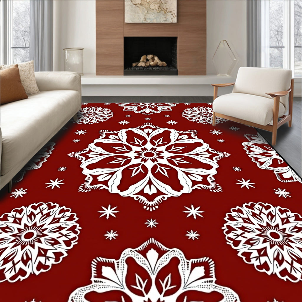 Crimson White Mandala Snowflake Arrangement Rug
