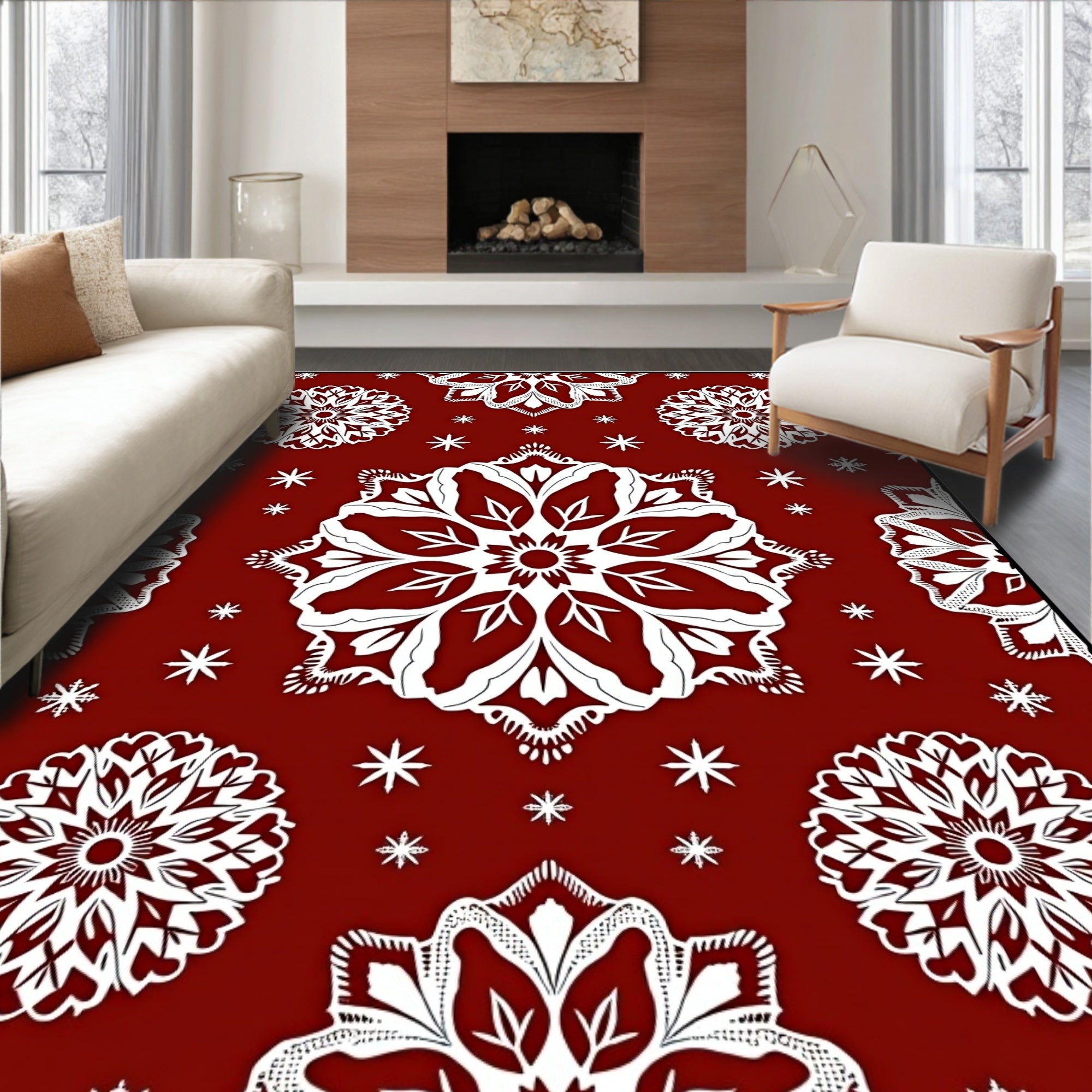 Crimson White Mandala Snowflake Arrangement Rug
