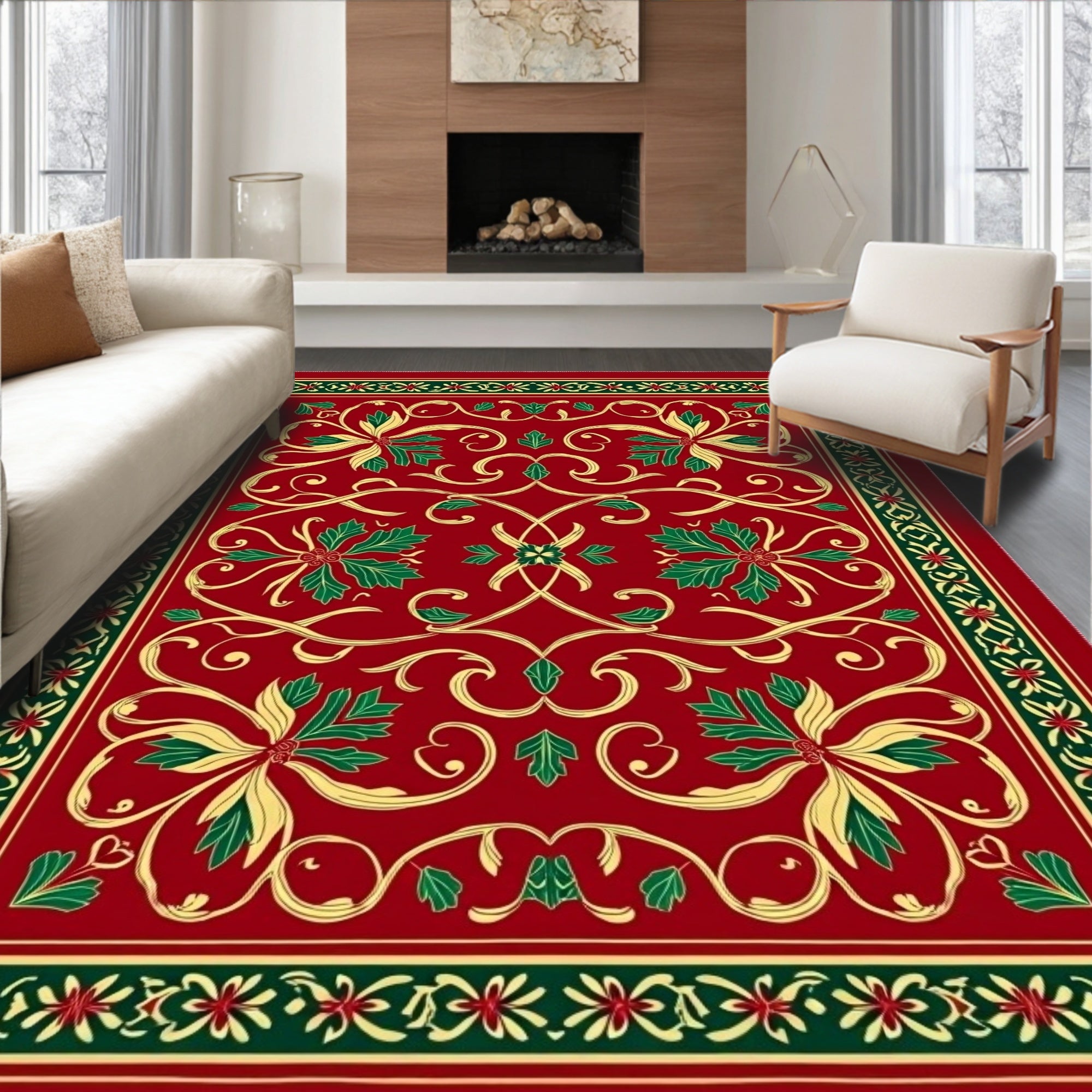 Deep Red Floral Scrollwork Rug