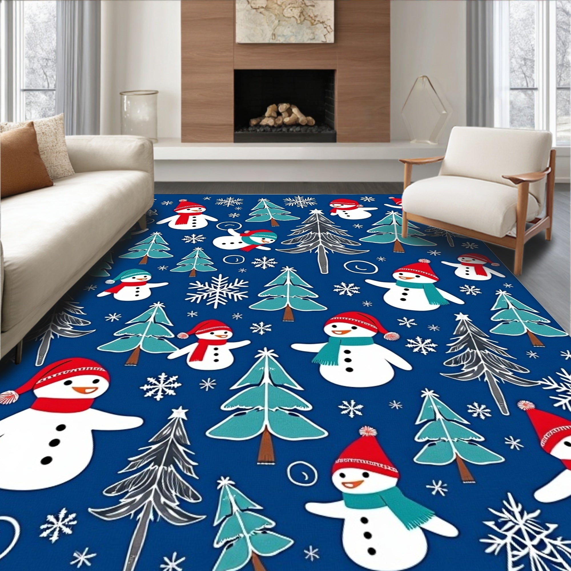 Happy Snowman Winter Forest Blue Rug