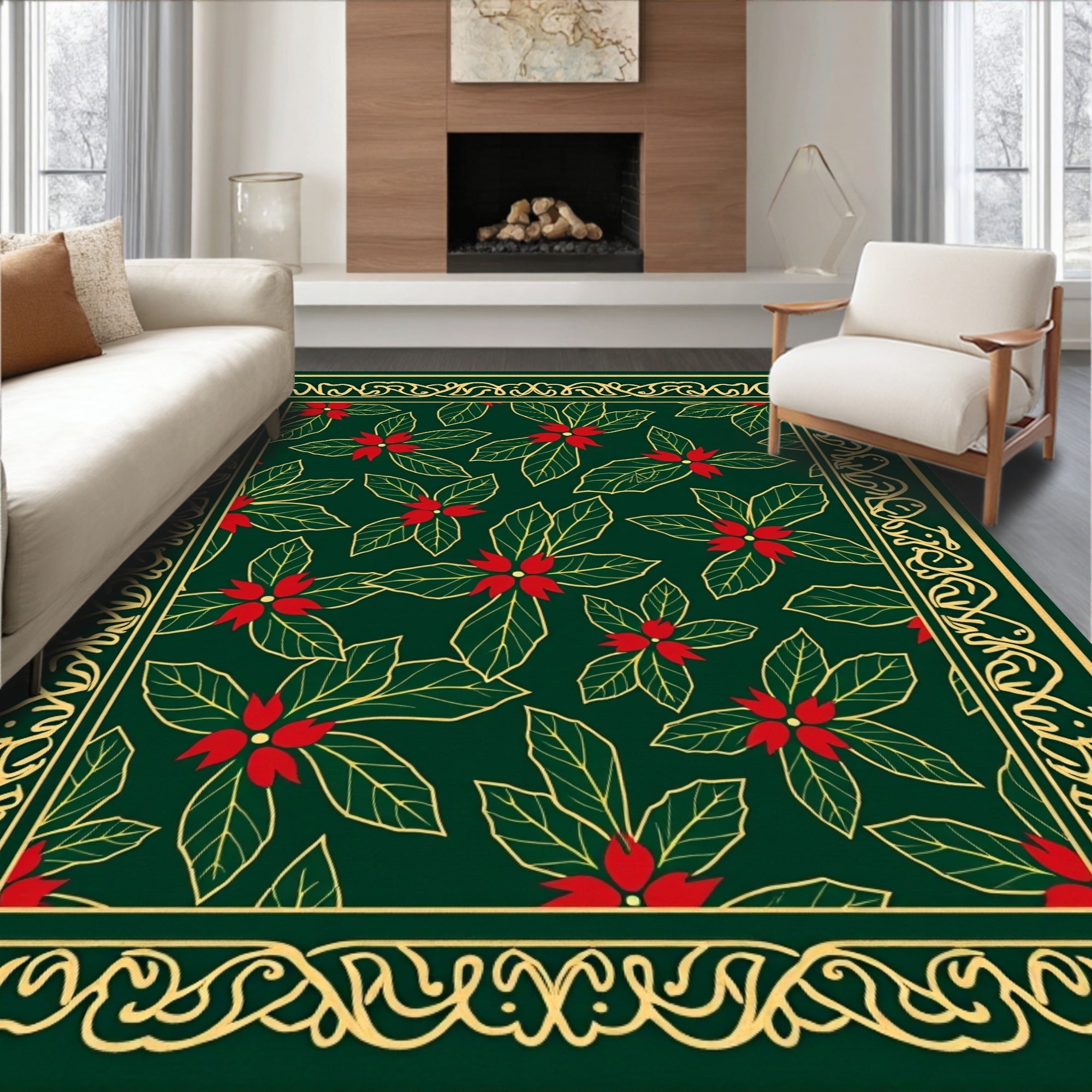 Emerald Green Poinsettia Holiday Rug