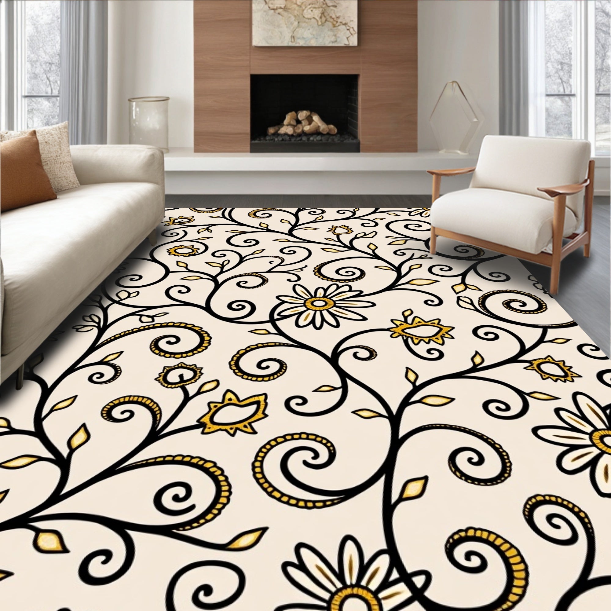 Cream and Gold Floral Vines Rug