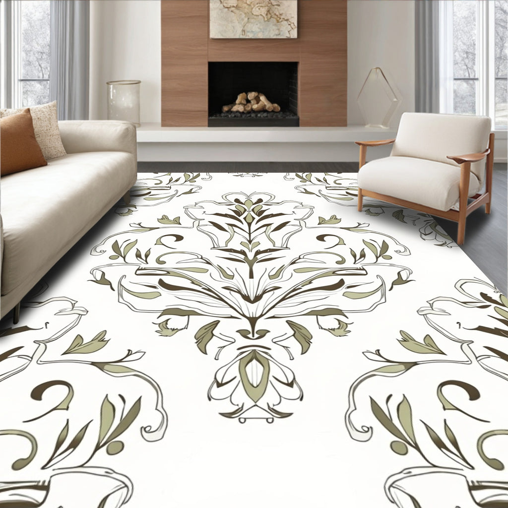 Earthy Tone Scrolling Floral Damask Rug