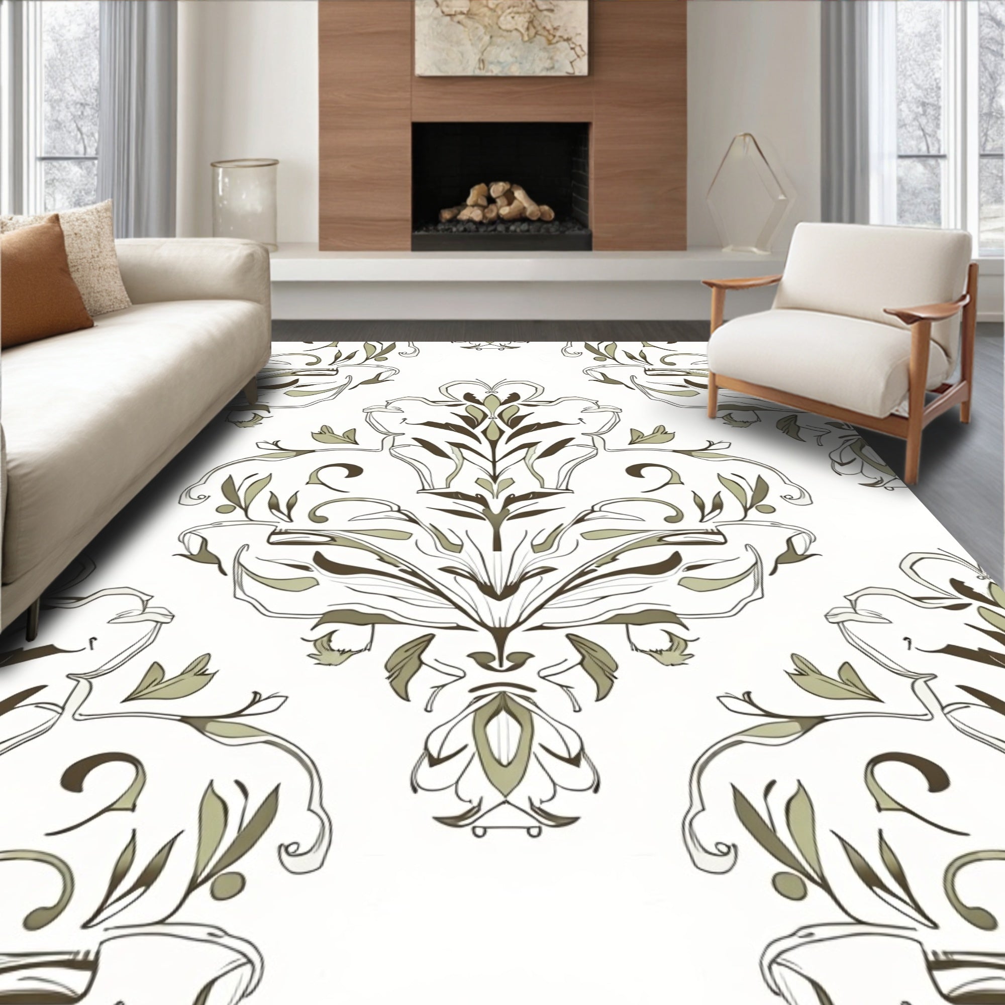 Earthy Tone Scrolling Floral Damask Rug