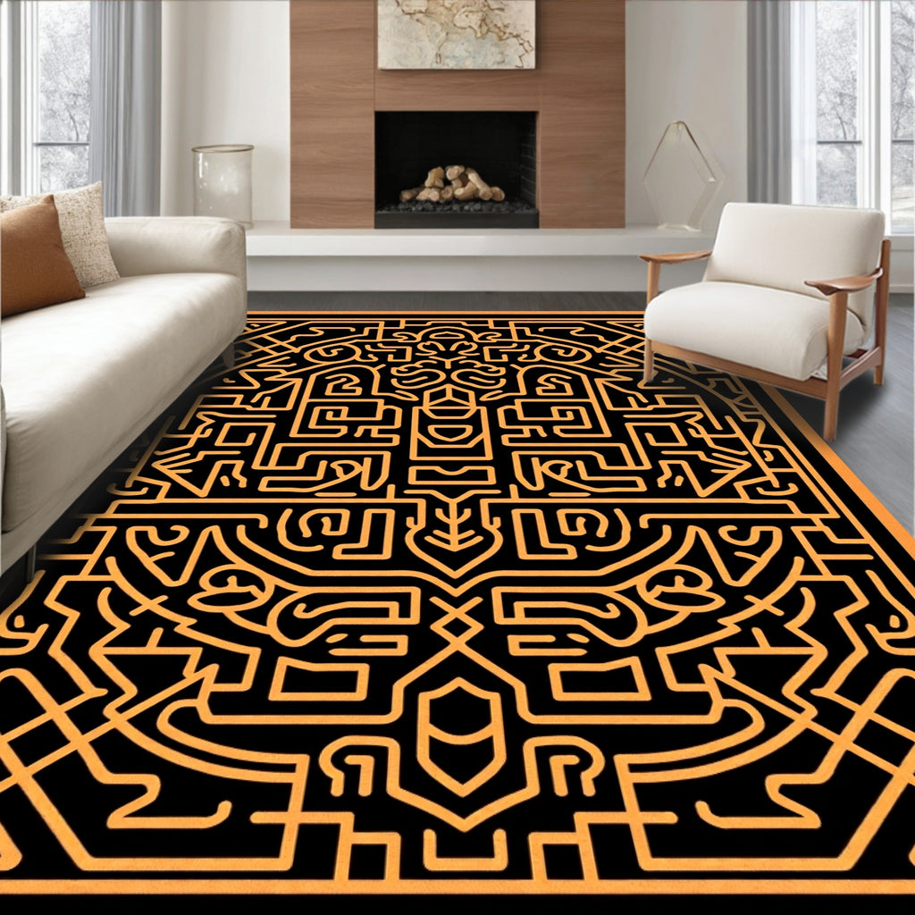 Orange Black Intricate Maze Graphic Rug