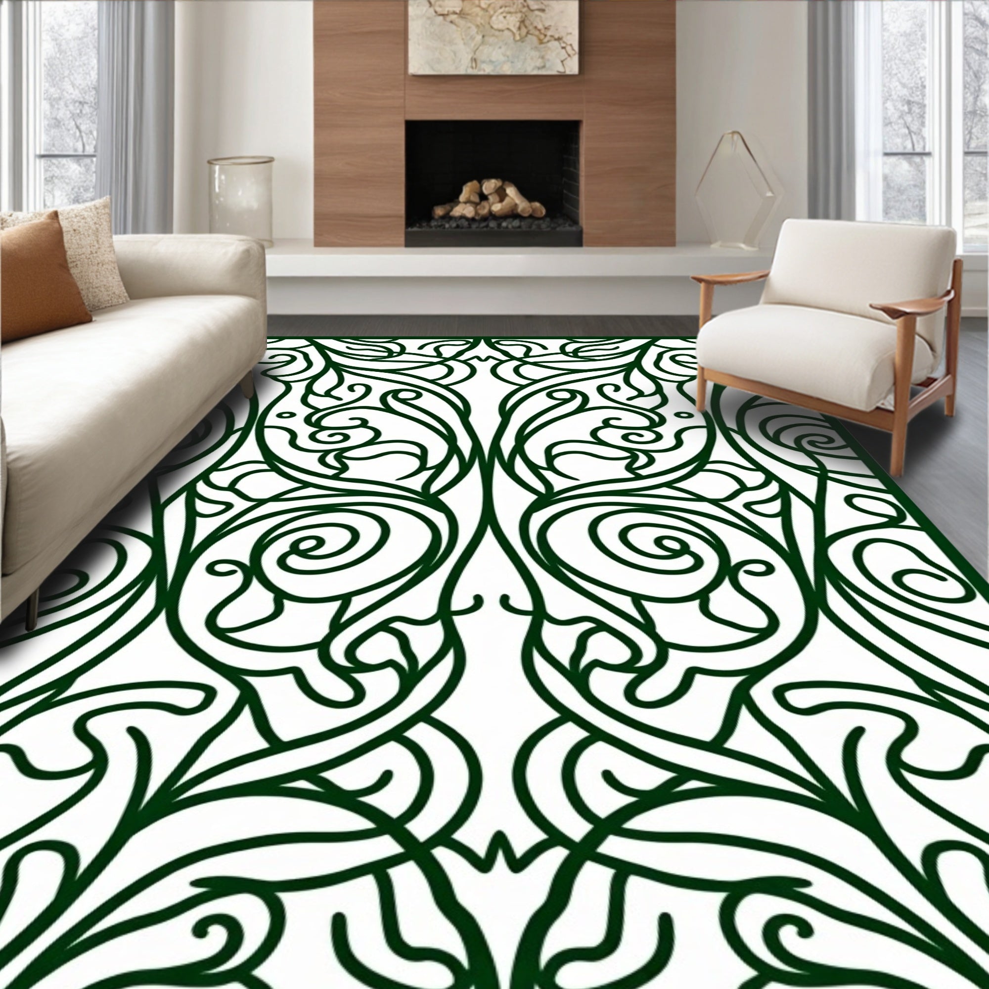 Ornate Emerald Swirl Vine Filigree Rug
