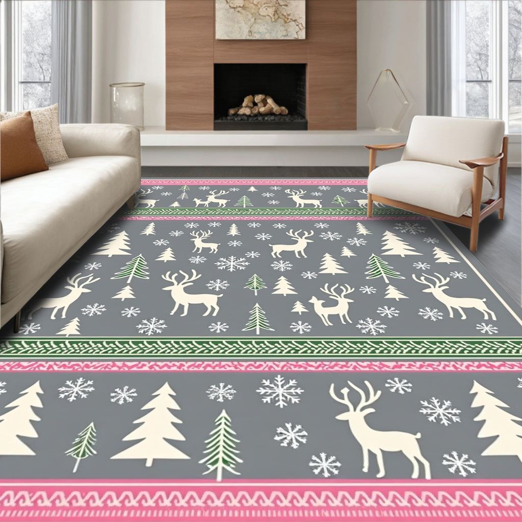 Winter Forest Deer Snowflakes Pink Green Rug