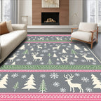 Winter Forest Deer Snowflakes Pink Green Rug
