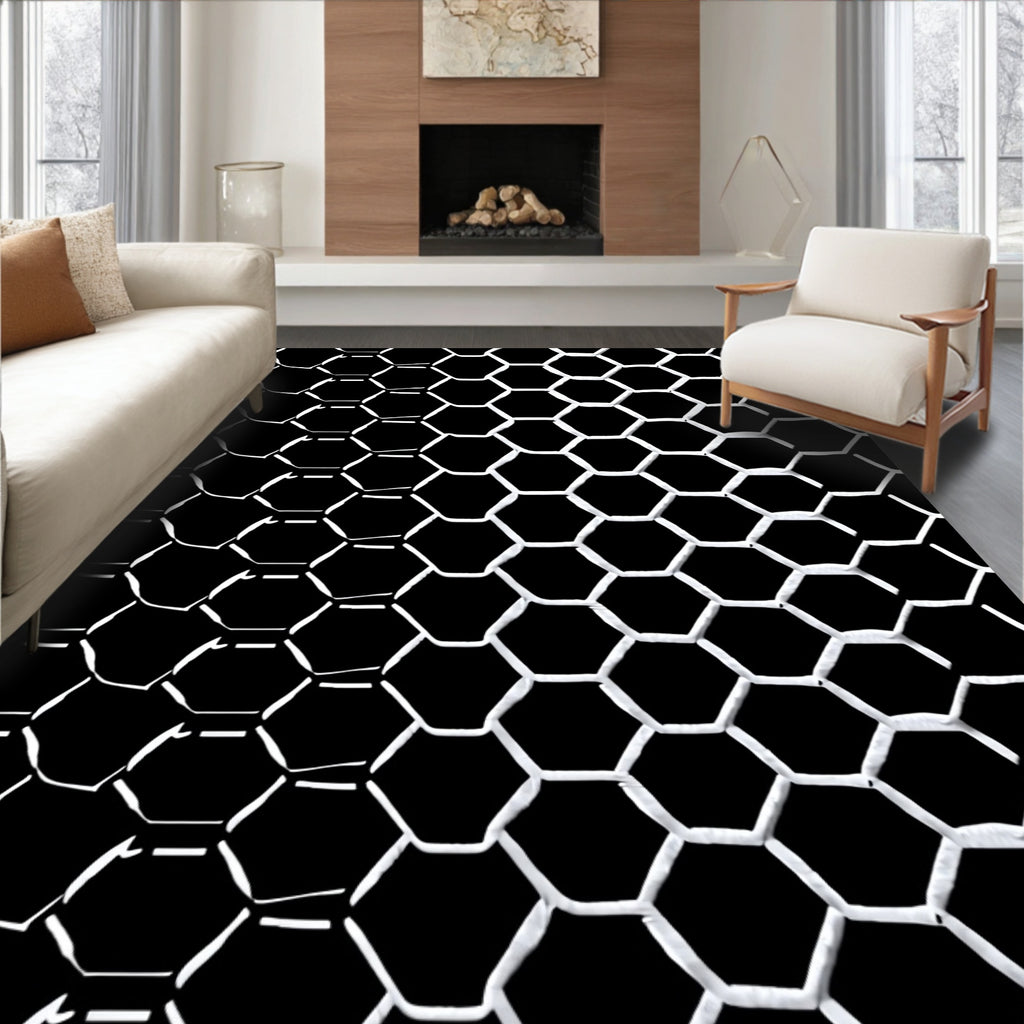Bold Black White Hexagonal Mesh Rug
