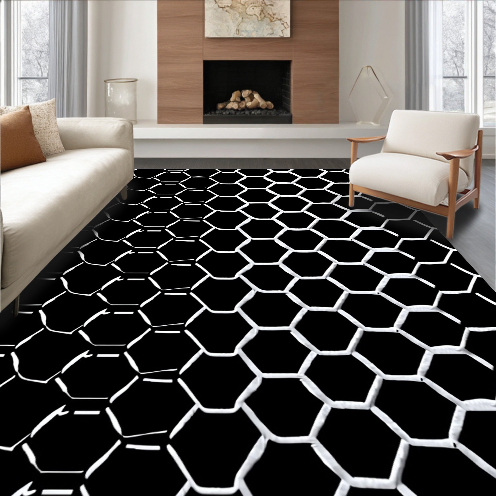 Bold Black White Hexagonal Mesh Rug