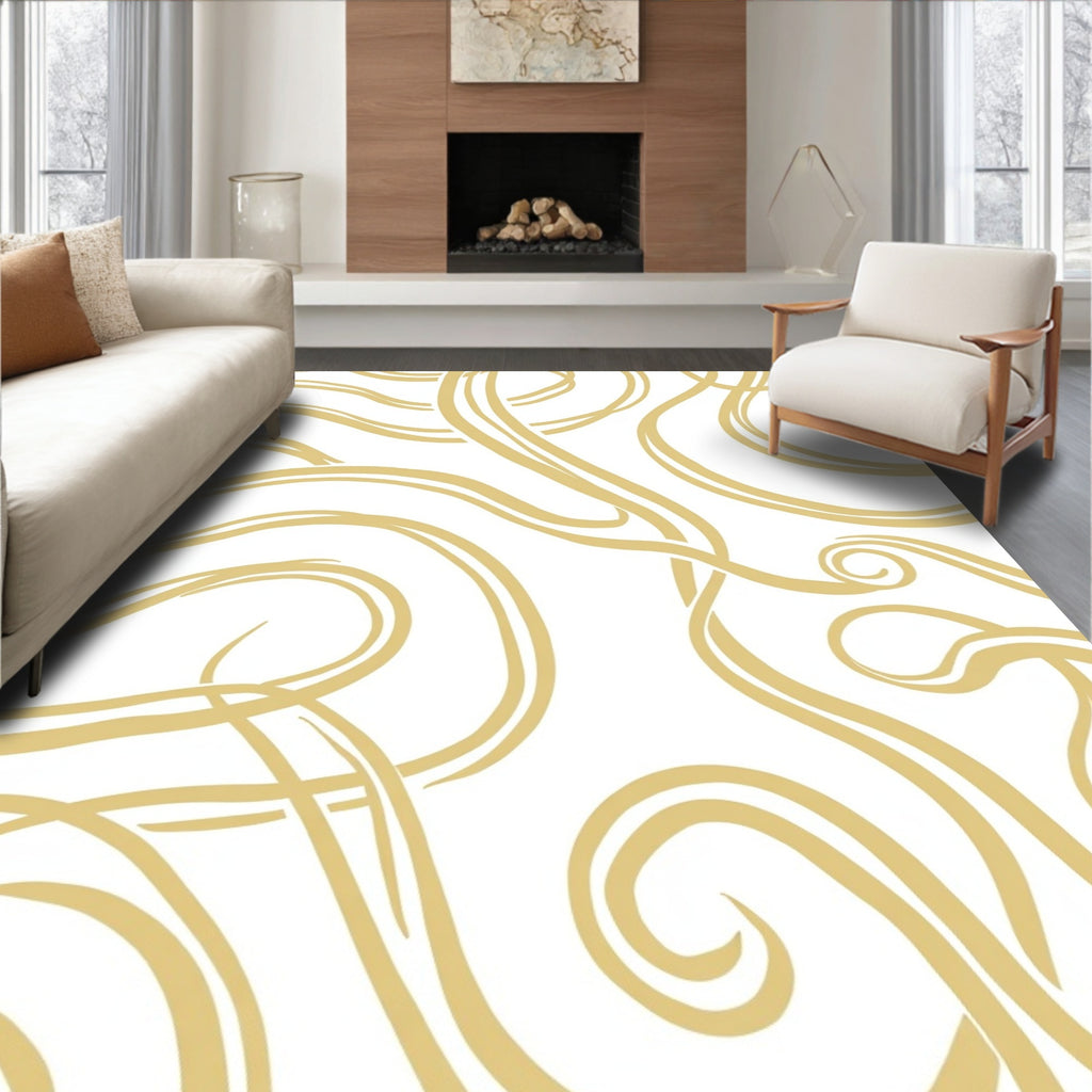 Golden White Swirling Lines Rug