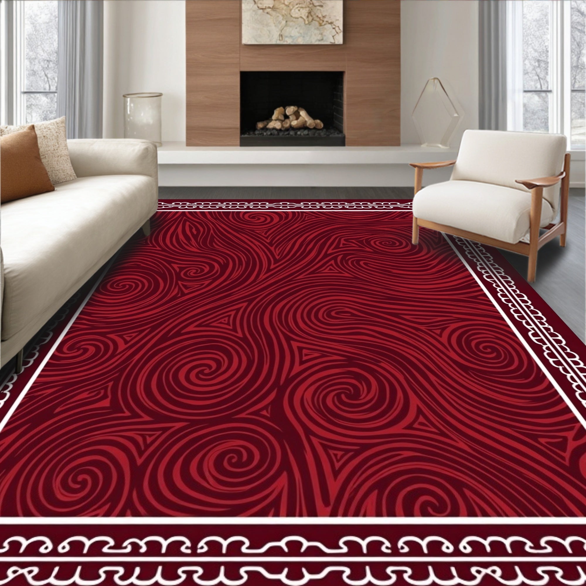 Deep Crimson Swirls Textured Border Rug