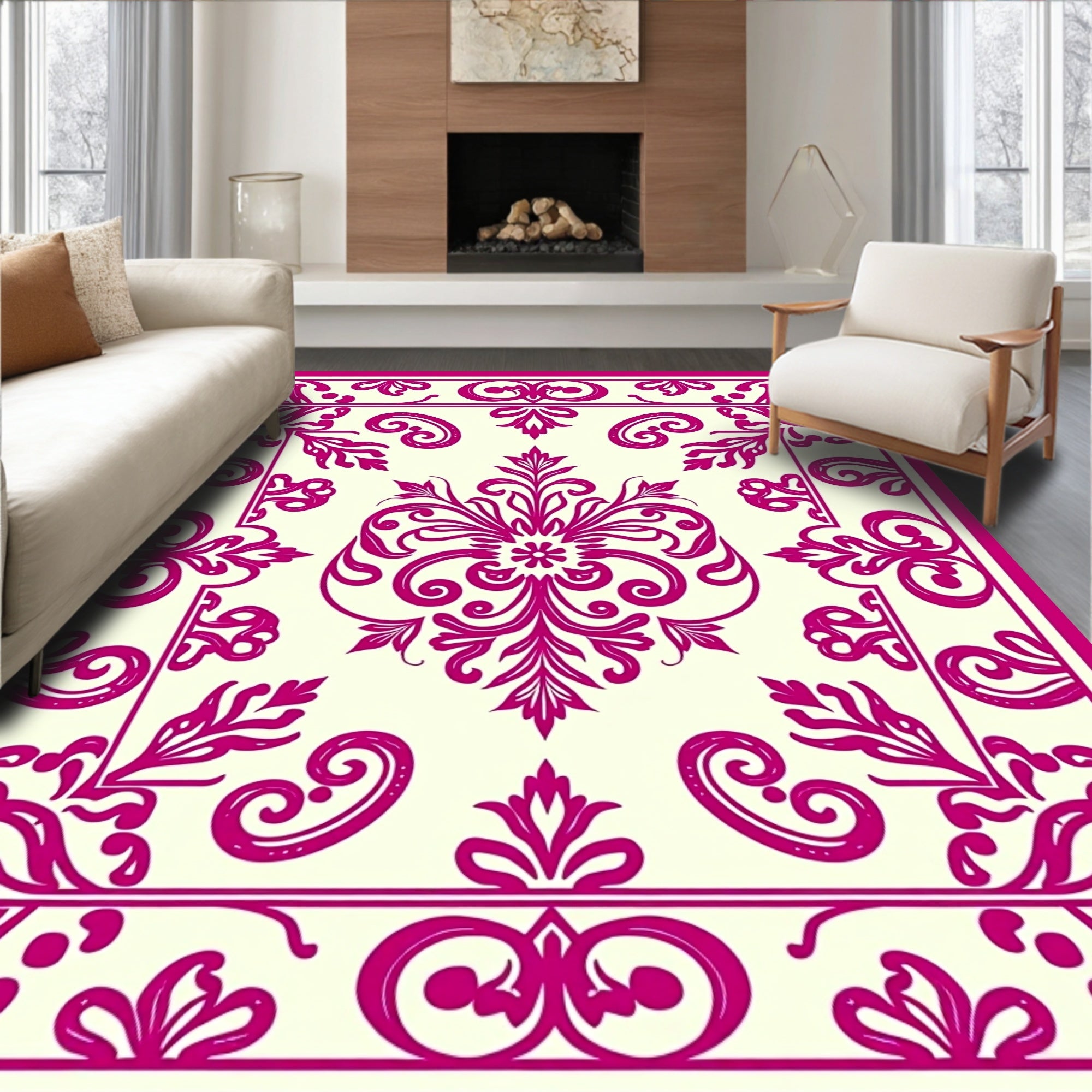 Crimson Floral Scrollwork Medallion Rug