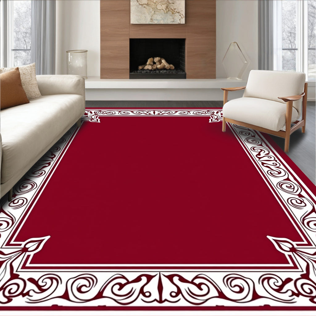 Crimson and White Classic Scroll Border Rug