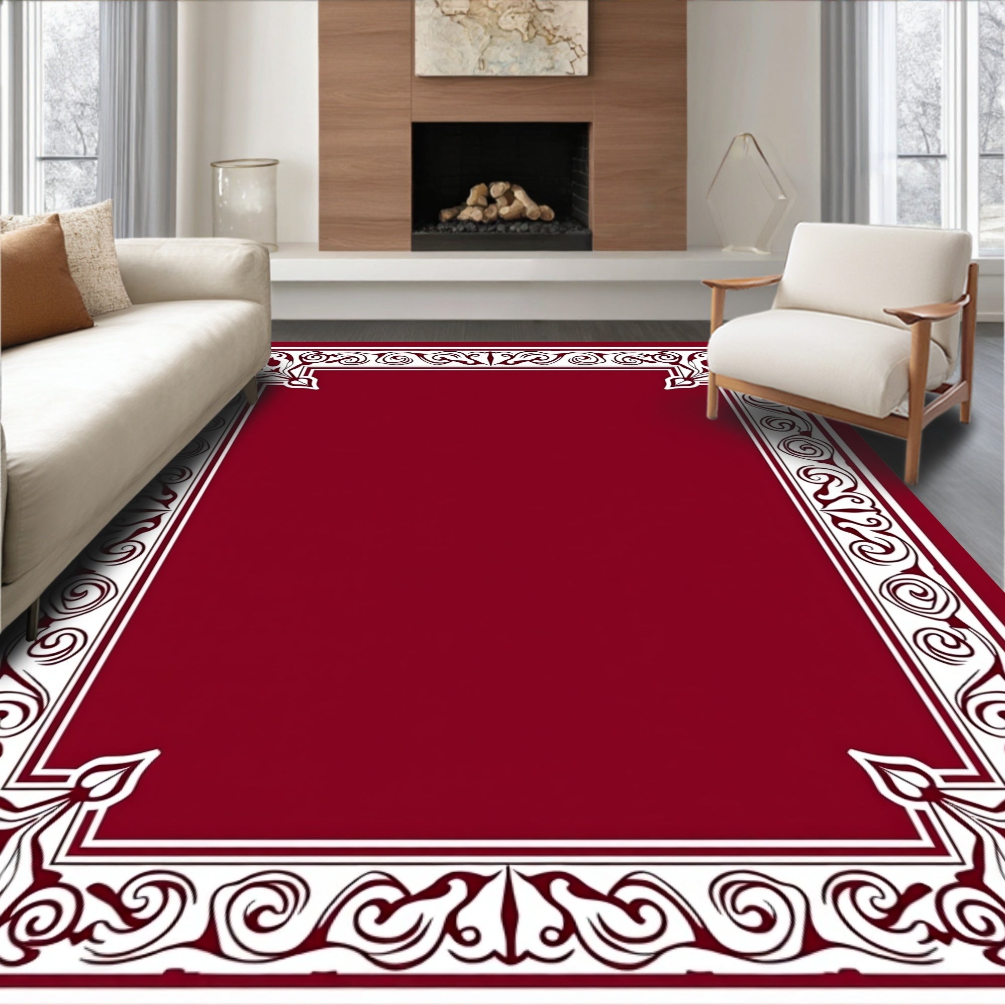 Crimson and White Classic Scroll Border Rug