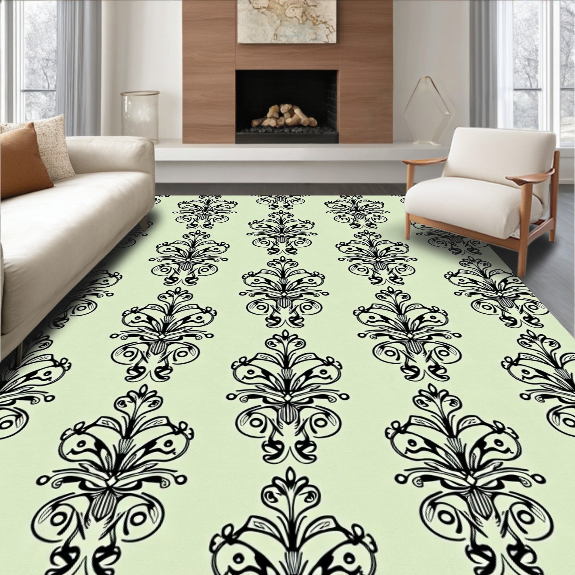 Black Vintage Damask Scrollwork Medallion Rug