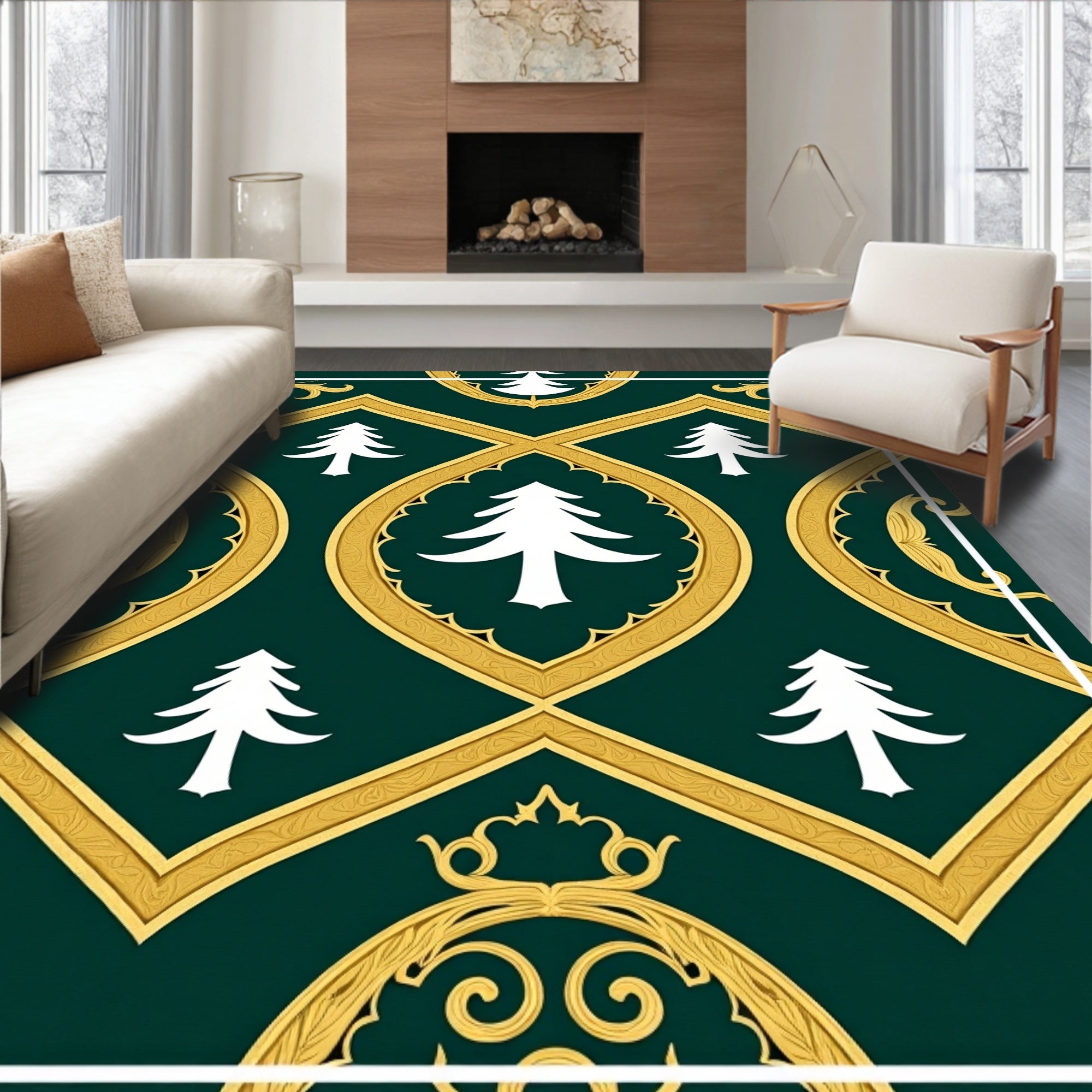 Emerald Green Gold Pine Tree Medallion Rug