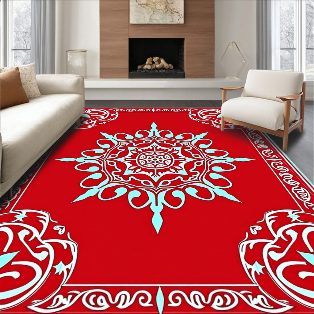 Crimson Sky Blue Floral Medallion Border Rug