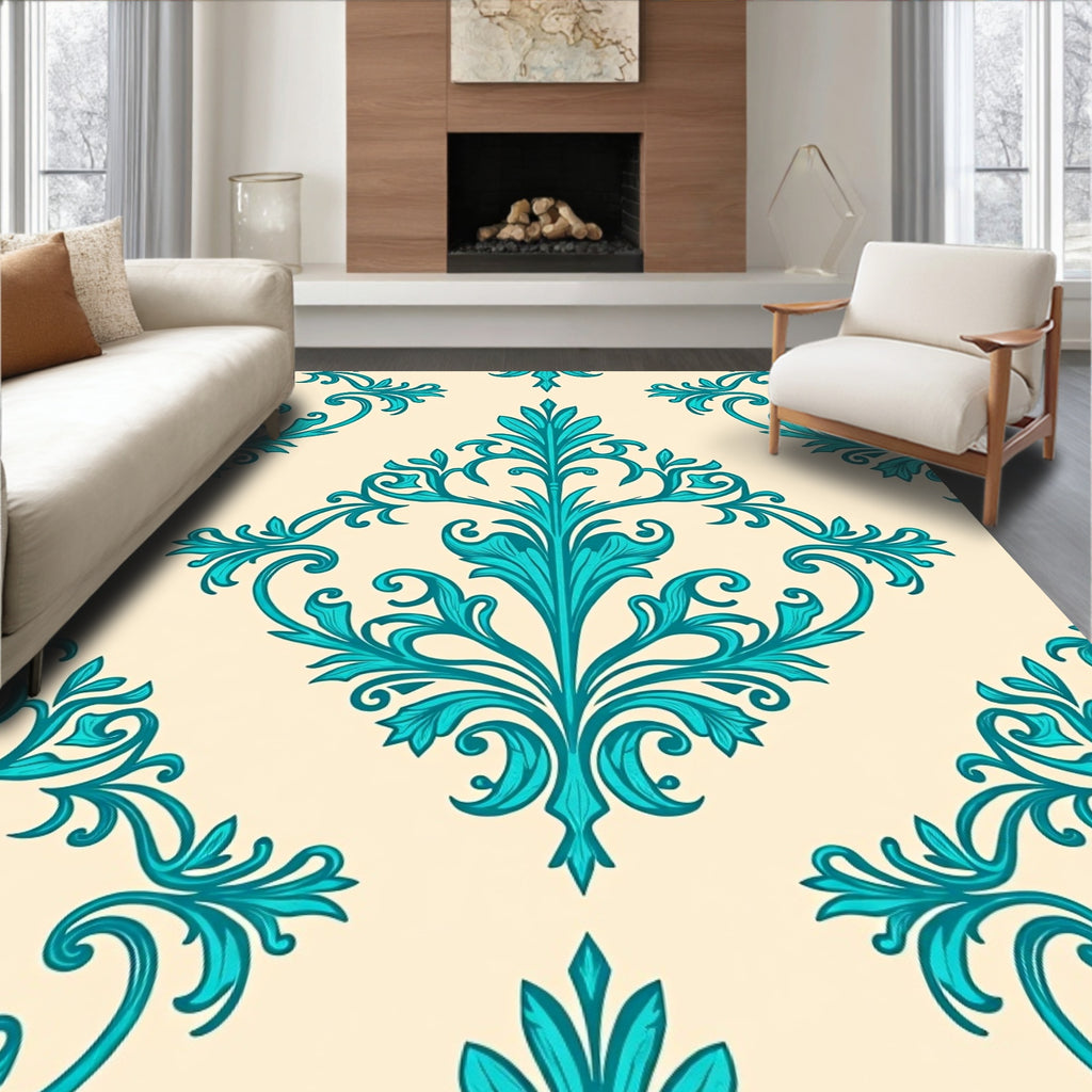 Turquoise Baroque Foliage Cream Background Rug