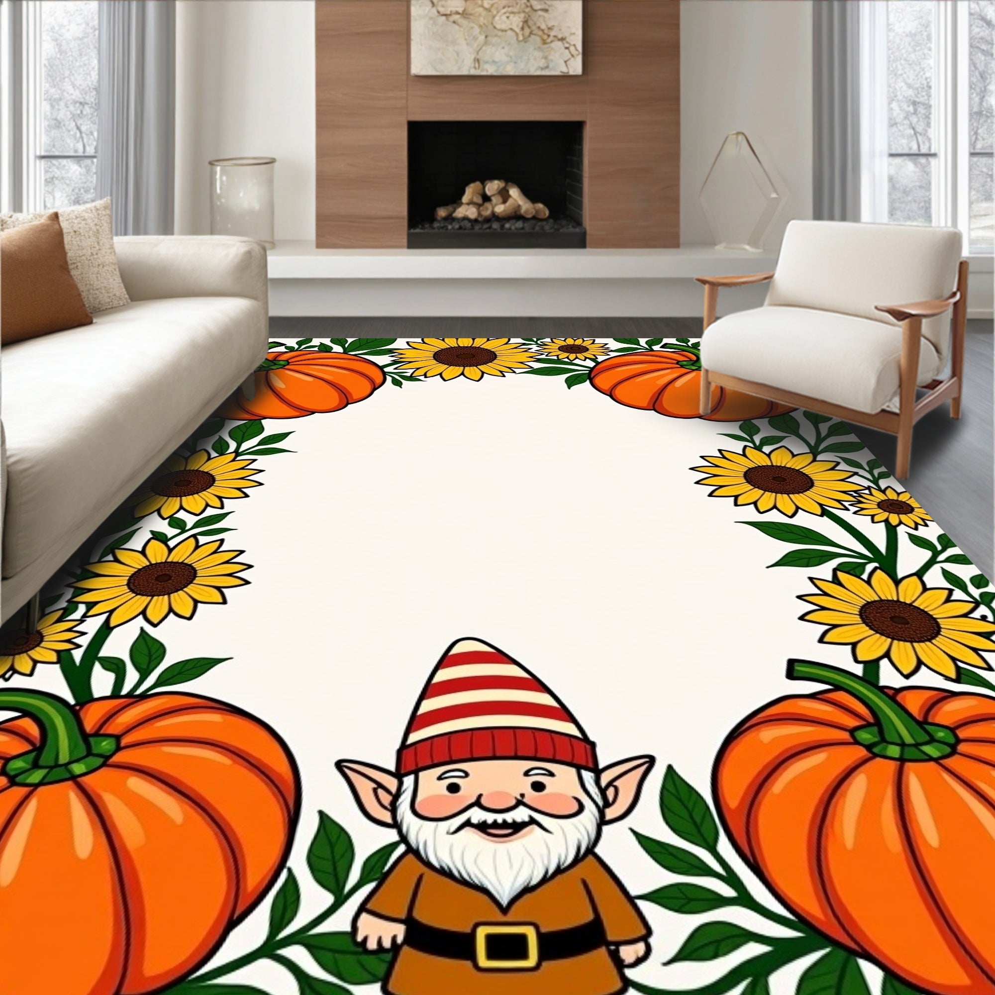 Orange Pumpkin Sunflower Gnome Foliage Rug