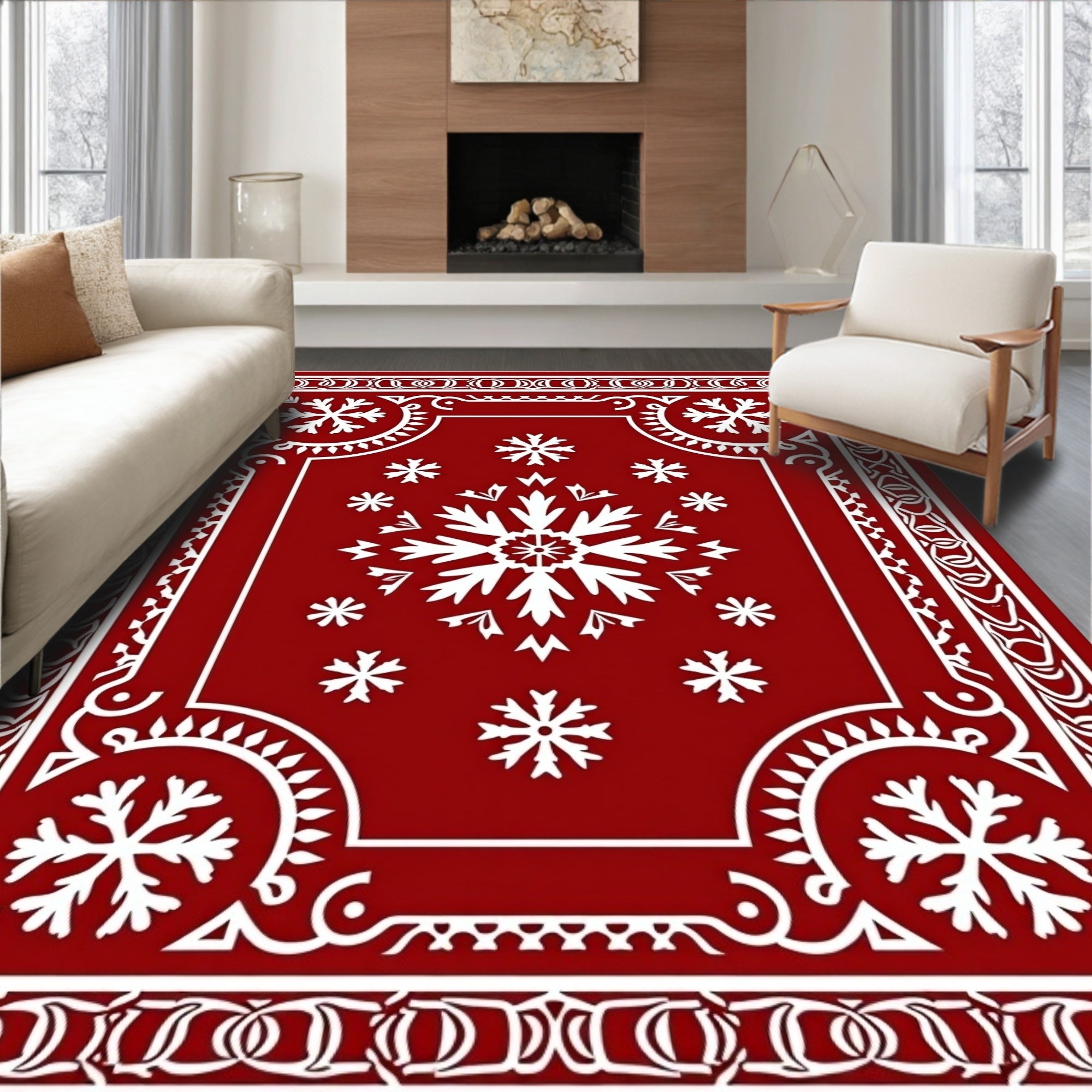Crimson White Snowflake Festive Border Rug
