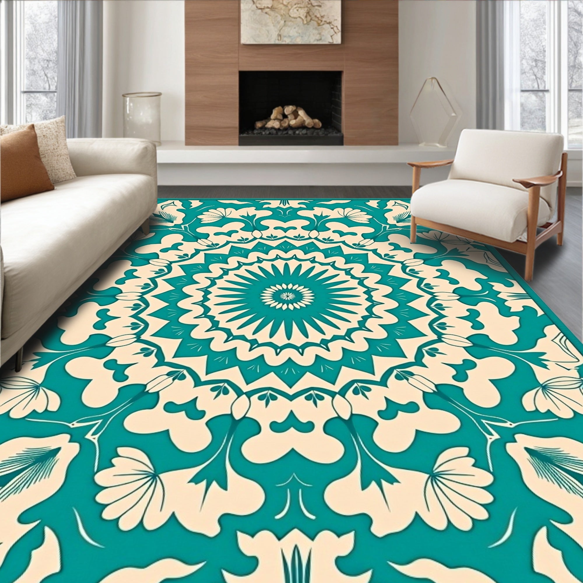 Teal Blossom Medallion Intricate Artwork Rug