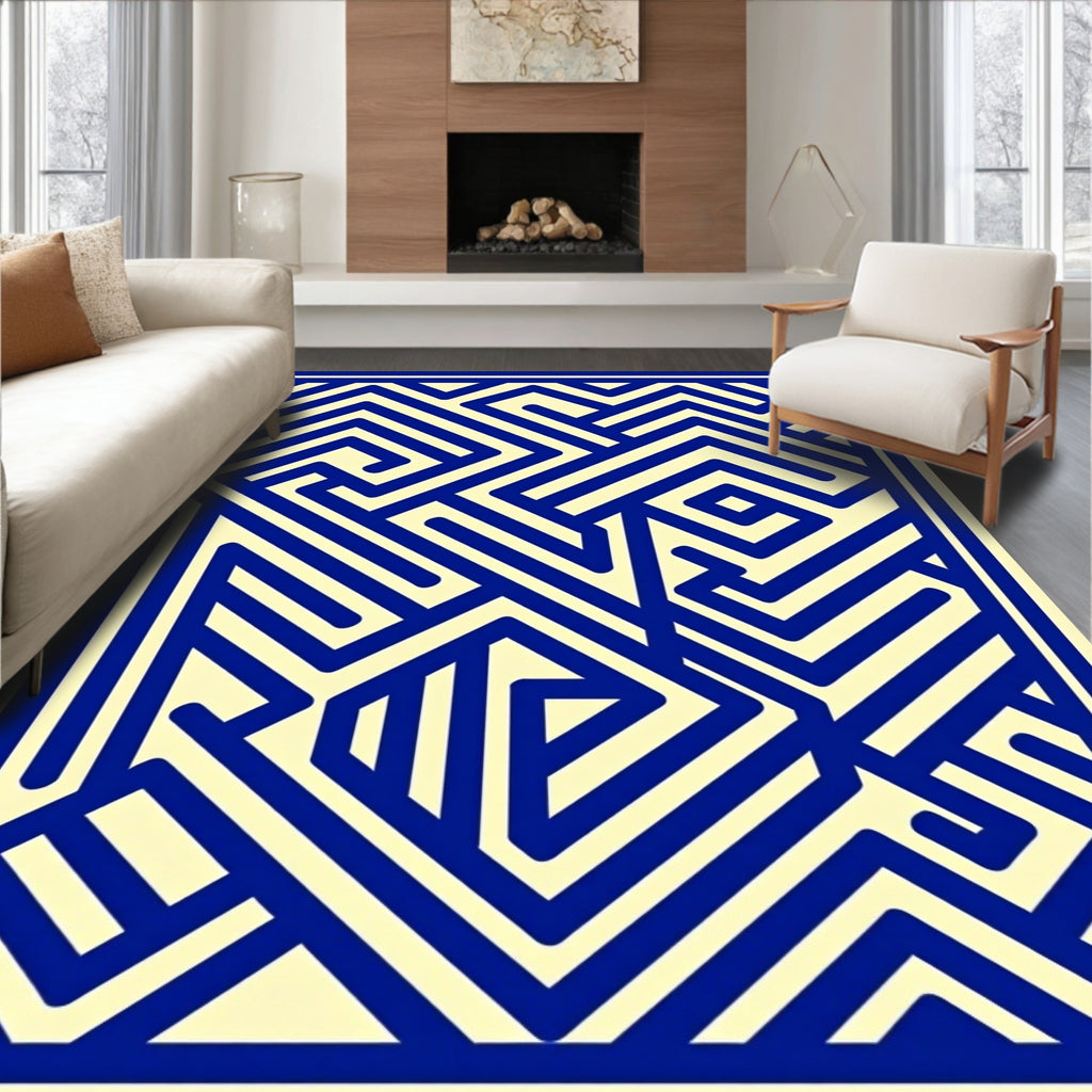 Electric Blue Maze Geometric Lines Rug