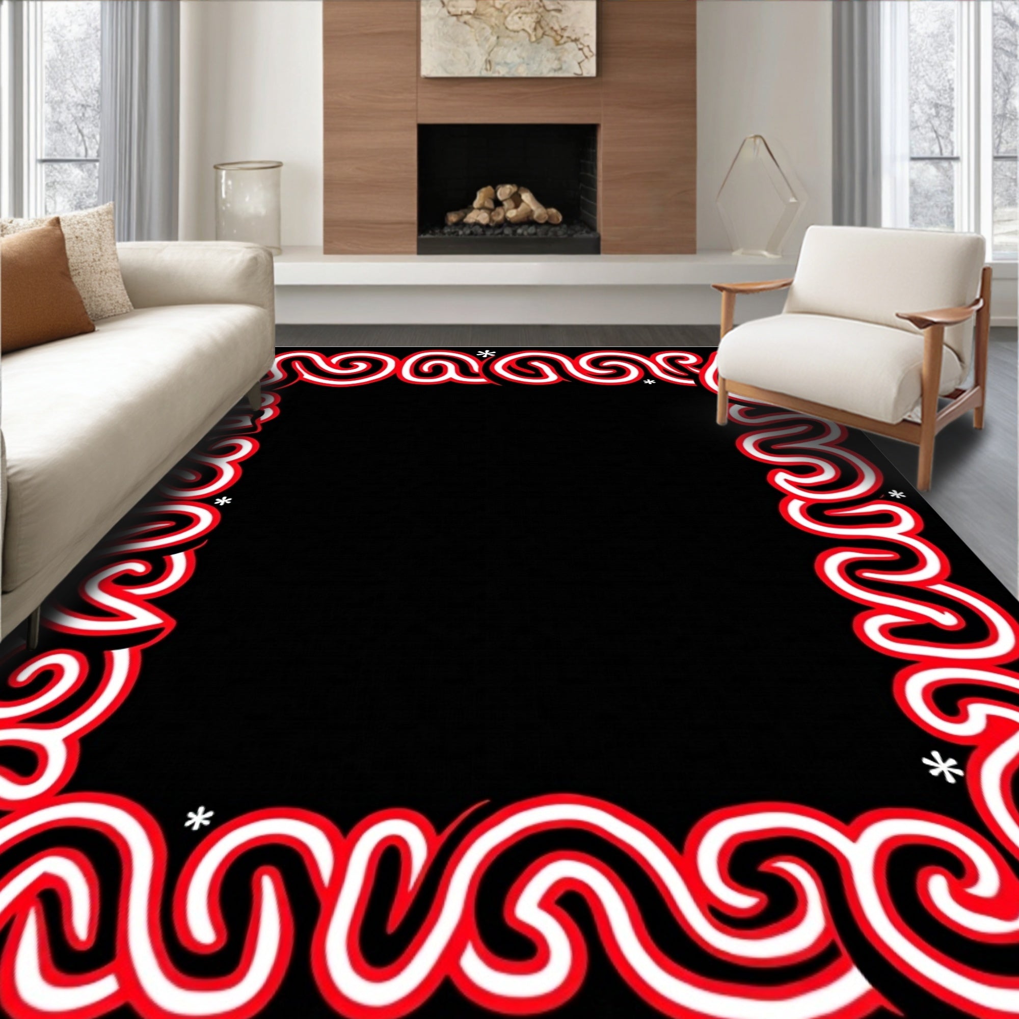 Red White Swirl Abstract Frame Rug