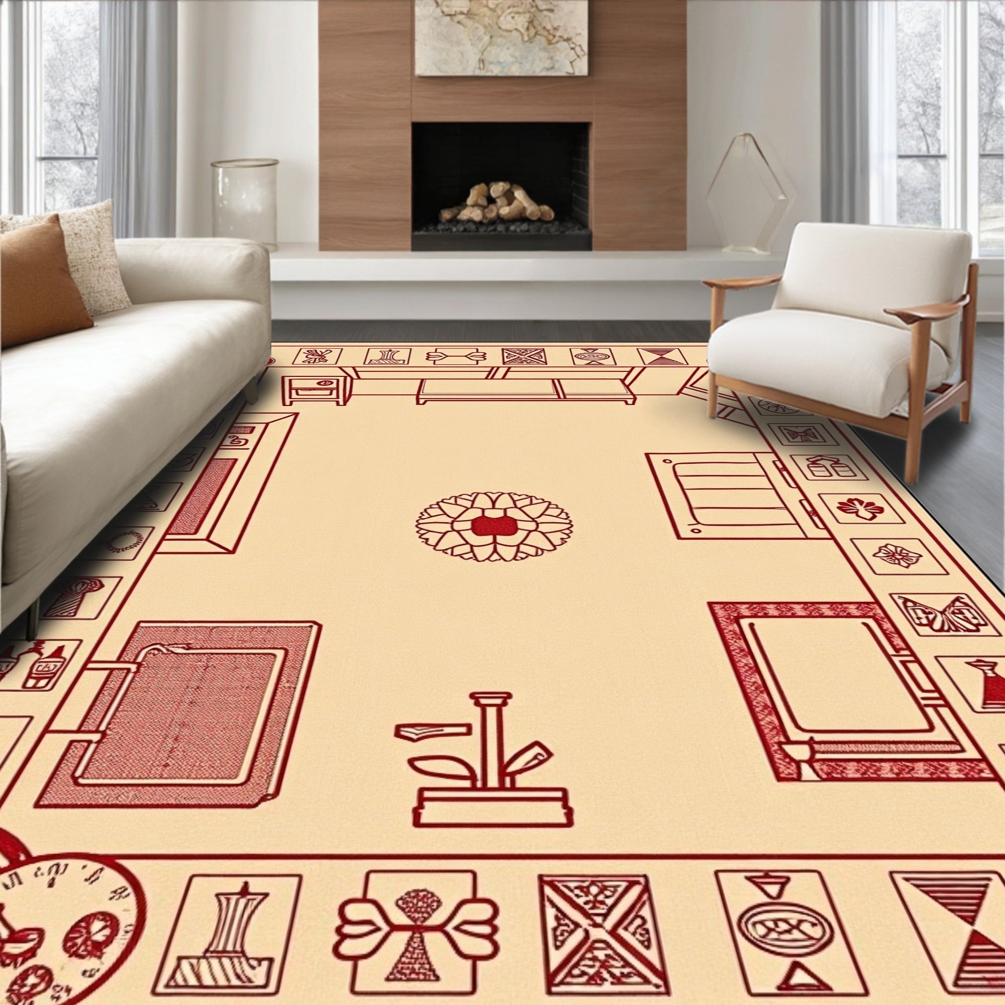 Crimson Floral Geometric Border Rug